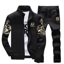 Bronzing Printed Stand Collar Sweatshirt Pants Set 2 Pieces Long Sleeve Zipper Drawstring Warm Tracksuit Set Male Clothing