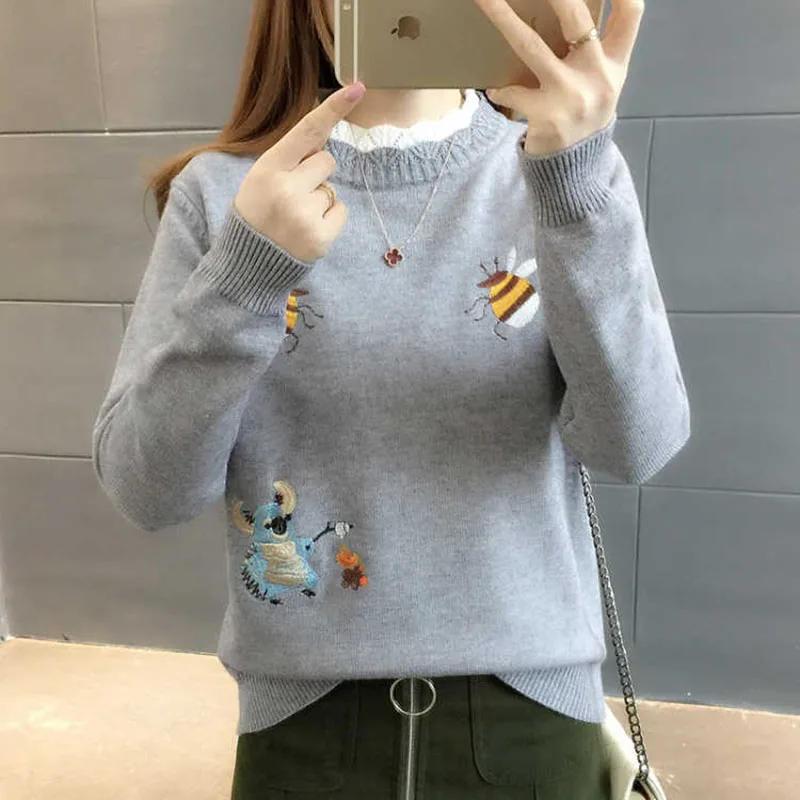 

2019 Chic Female Bee Printed Pullover Tops Casual Long Sleeve Teenage Fall Sweater Girls Casual Turtle neck Women Autumn Pull