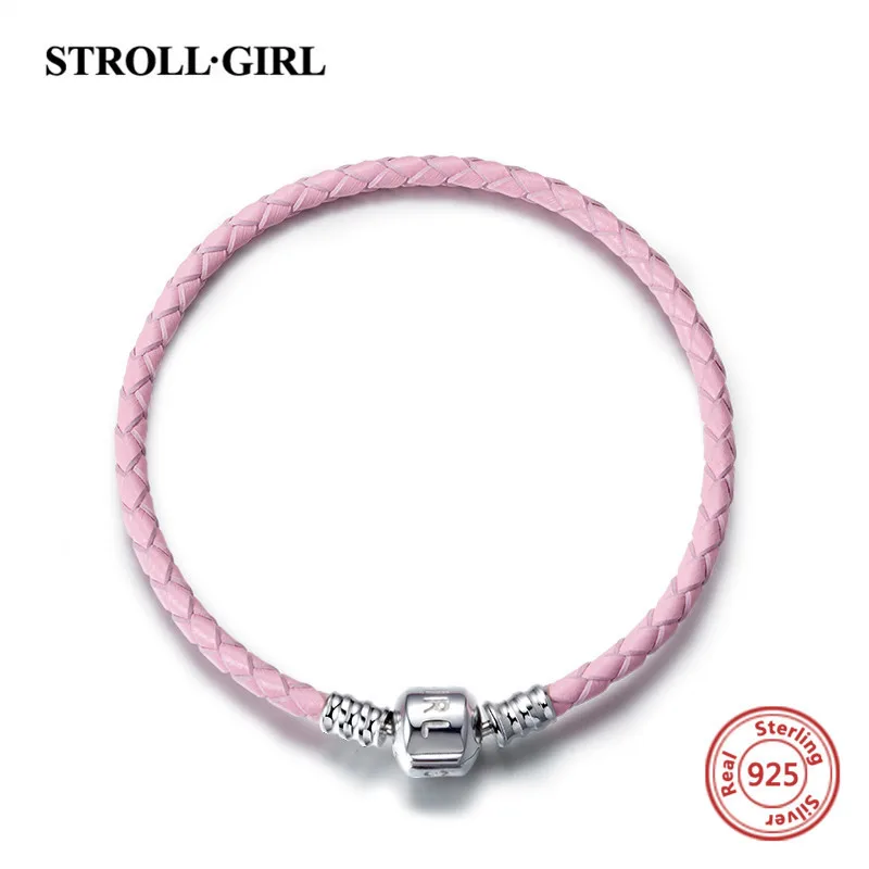 Strollgirl Оригинальное 925 пробы серебро Розовый и красный цвет натуральная плетёный кожаный браслет-цепочка "Змейка" Браслеты со снежинками; украшение с качественным фианитом Для женщин подарок - Окраска металла: Pink