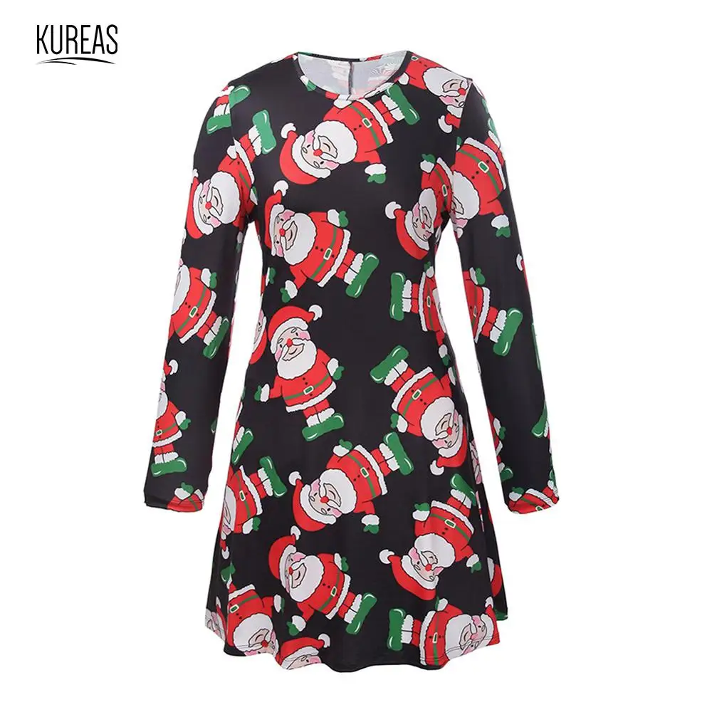 

Kureas Christmas Dress Women for Party Elegant Long Sleeve Xmas Santa Clause Print Casual Short Dresses