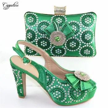 

New fashion green party set matching high heel sandal shoes with handbag CR167, heel height 11.5cm