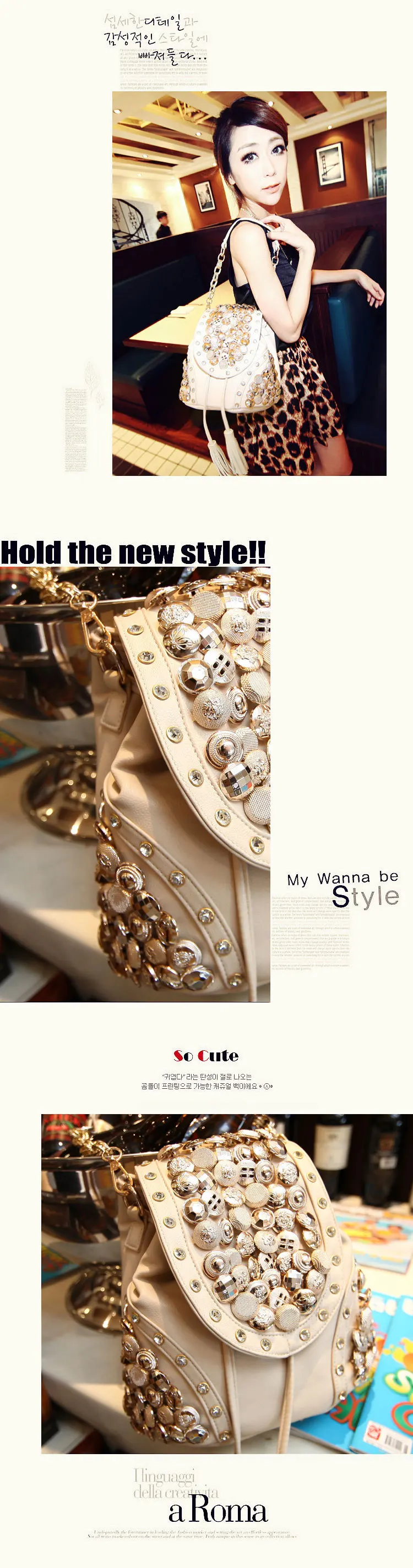 Spring New Style Korean-style Fashion Button Bucket Diamond Set Backpack Multi-Purpose Shoulder Bag Over-the-shoulder Bag WOMEN'