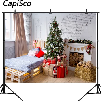 

Capisco Christmas Photography Background Christmas Tree Fireplace Bed White Brick Wall Photophone Backdrop Photo Studio Props