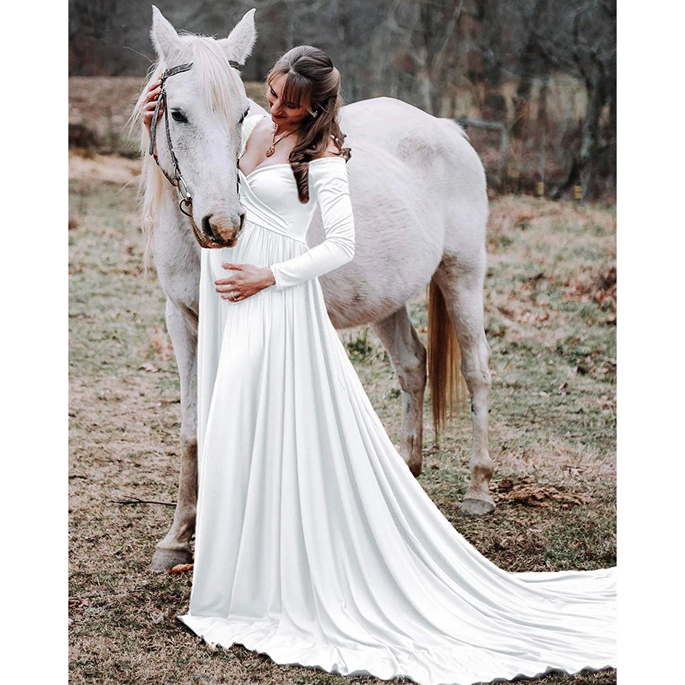 

Maternity V-Neck Lace Dress Photography Props Long Dresses Pregnant Long Sleeve Clothes Fancy Pregnancy Photo Props Shoot D25