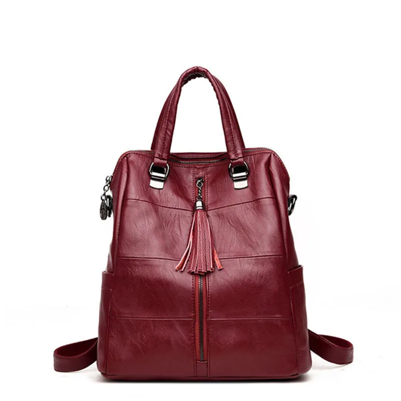 3 в 1 Sac a Dos Femme, женский рюкзак, кожаный, с кисточками, модный, для путешествий, Повседневный, съемный ремень, женская сумка на плечо, Mochila Feminina - Цвет: Wine red