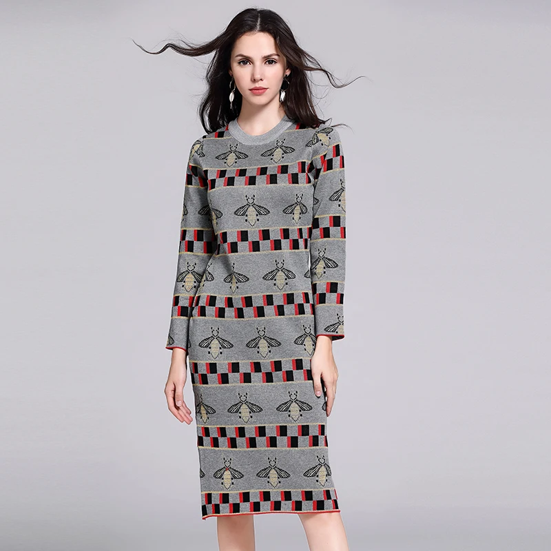 

Banulin Fashion Runway Winter Autumn Knitting Dress Women's Long Sleeve Jacquard Elegant Vintage Black Midi Knee Length Dresses