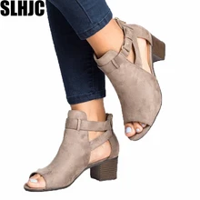 SLHJC/женские летние ботинки; туфли-лодочки из флока с открытым носком на среднем квадратном массивном каблуке; женские босоножки размера плюс; сезон осень; обувь с пряжкой на полой подошве