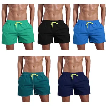 

Men Summer Mid Rise Drawstring Swim Trunks Solid Color Quick Dry Cotton Shorts Mesh Lining Casual Beach Pants With Zipper Pocket