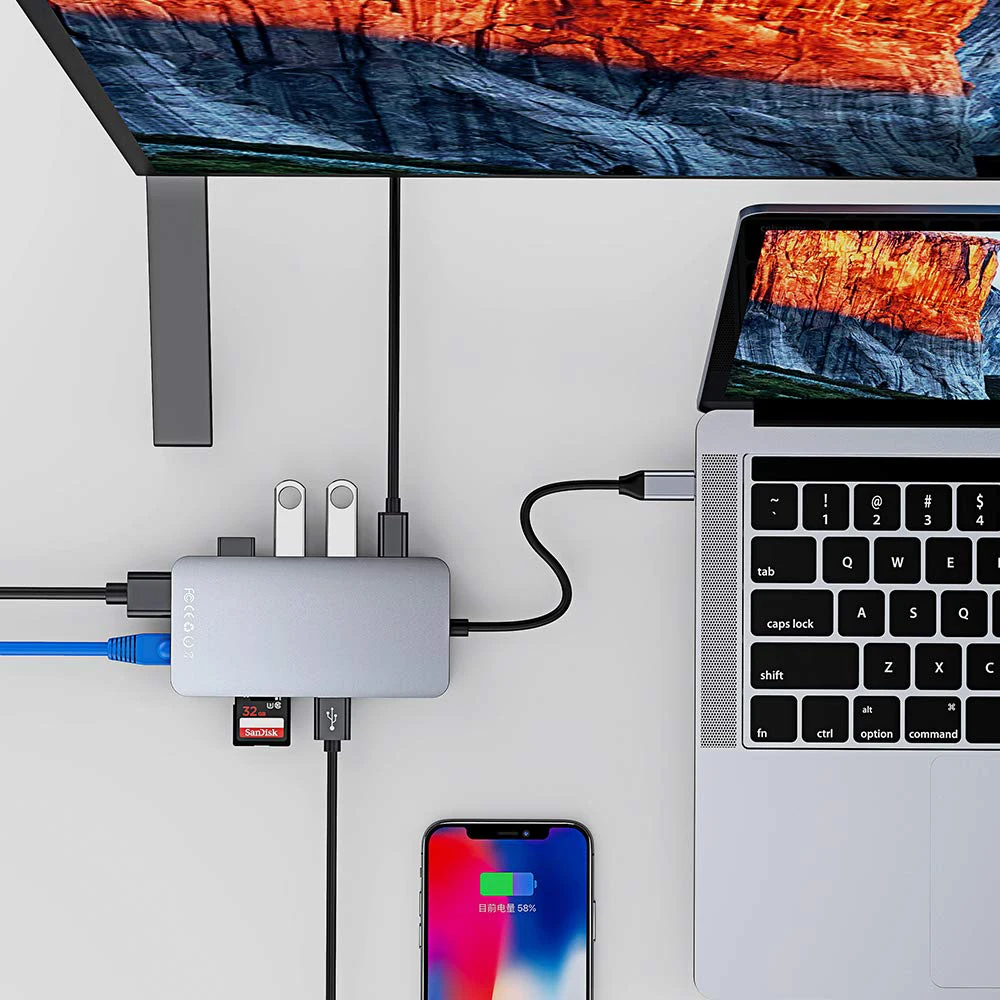 USB C концентратор, 9 в 1 USB C к HDMI и RJ45 Gigabit Ethernet концентратор с 4 USB3.0 портами, SD/TF кард-ридер и USB C зарядный порт, Тип C