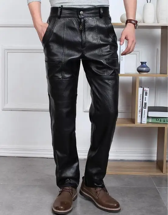 Leather Pant Men Cow Leather Winter Loose Men Trouser ThickLeather