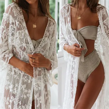 

Sexy White Lace Crochet Kimono Bikini Cover Up Women Swimwear Cardigan Wrap Beachwear Beach Dress Long Cover-Ups