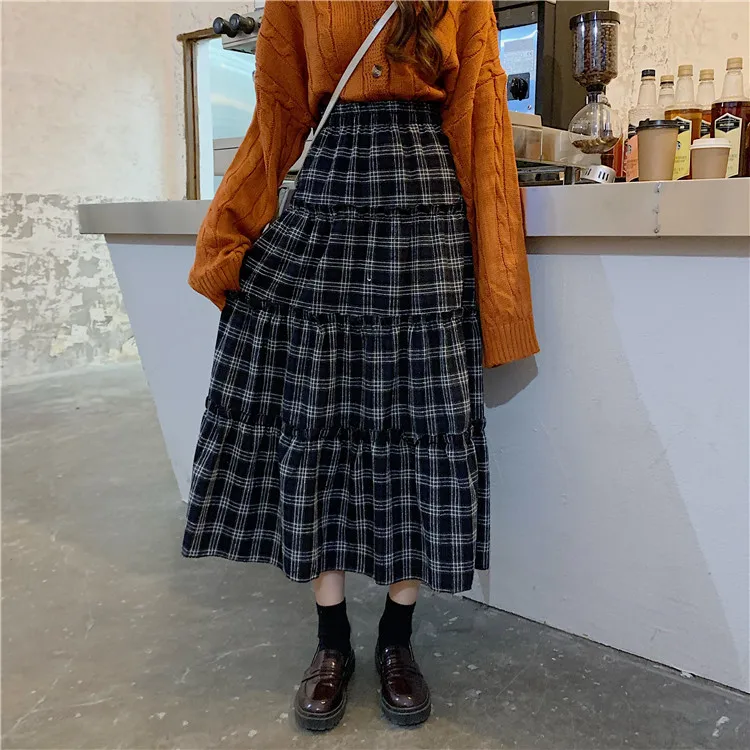 Faldas mujer moda, до середины икры, в клетку, а-силуэт, с оборками, консервативный стиль, новинка, весна-осень, женская одежда, высокая талия, юбки, модный бренд