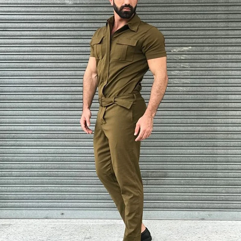 

Mens Jumpsuit Slim Fit Short Sleeve Rompers Slim Fit Streetwear Tracksuit Clothing Male Playsuits Overalls Men Pants Plus Size