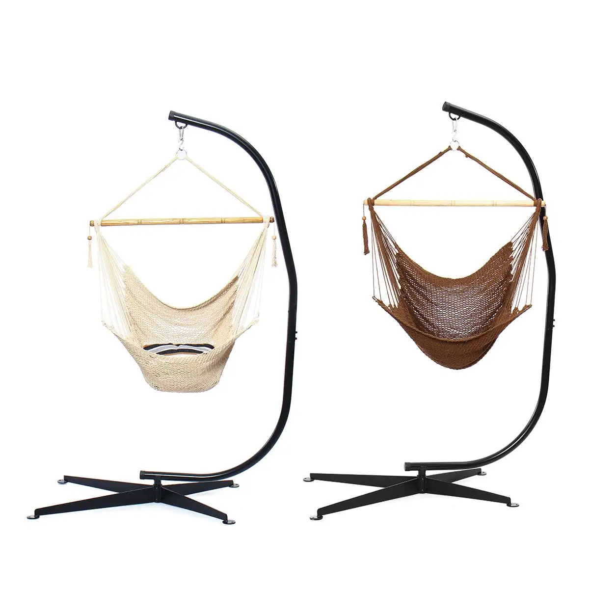 

150kg/330lb Weight Load Hand Woven Cotton Hammock Chair Beige/Brown Rope Cotton Swing Chair Seat Hanging Chair With C-stand