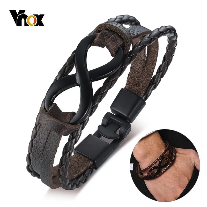 Vnox, винтажные мужские браслеты, плетеные, кожа, 8, бесконечность, шарм, браслет, ретро стиль, мужские ювелирные изделия с крючком, медальон