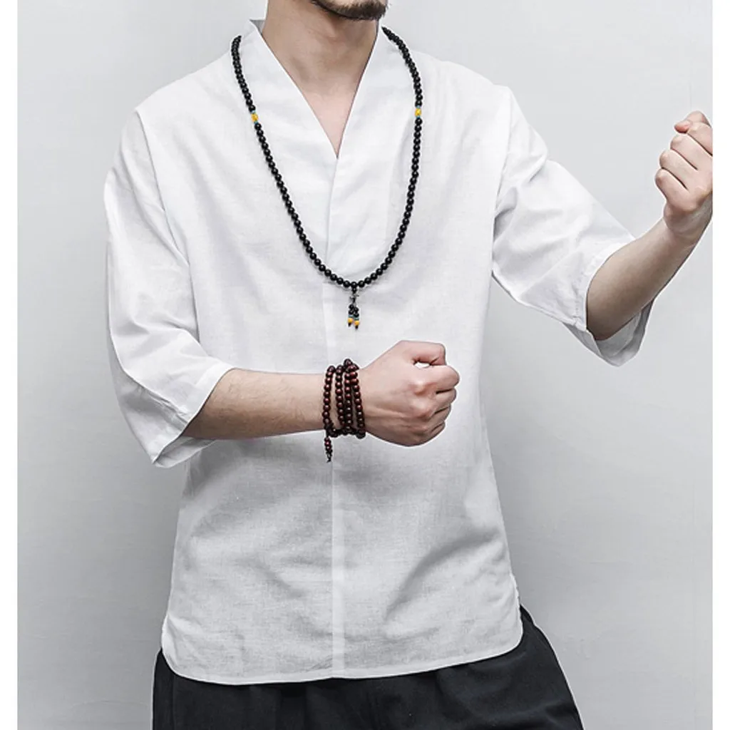 Men Shirt Vintage Ancient Chinese Male Blouse Kung Fu Style Cotton Linen 3/4 Sleeve V Neck Loose Leisure Solid Shirt Men Tops Men Shirt Vintage Ancient Chinese Male Blouse Kung Fu Style Cotton Linen 3/4 Sleeve V Neck Loose Leisure Solid Shirt Men Tops