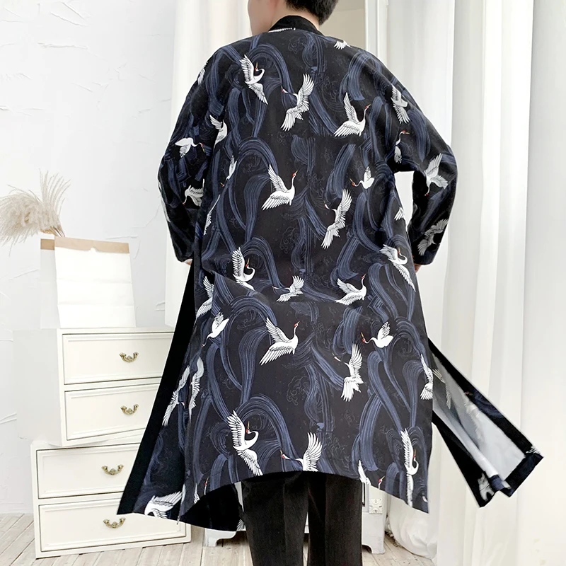Japanese Kimono Cardigan Hawaiian Shirt Men Clothes Japanese Streetwear Extra Long Chinese Male Shirt Cool Blouse Male Kimono Cardigan AZ2003