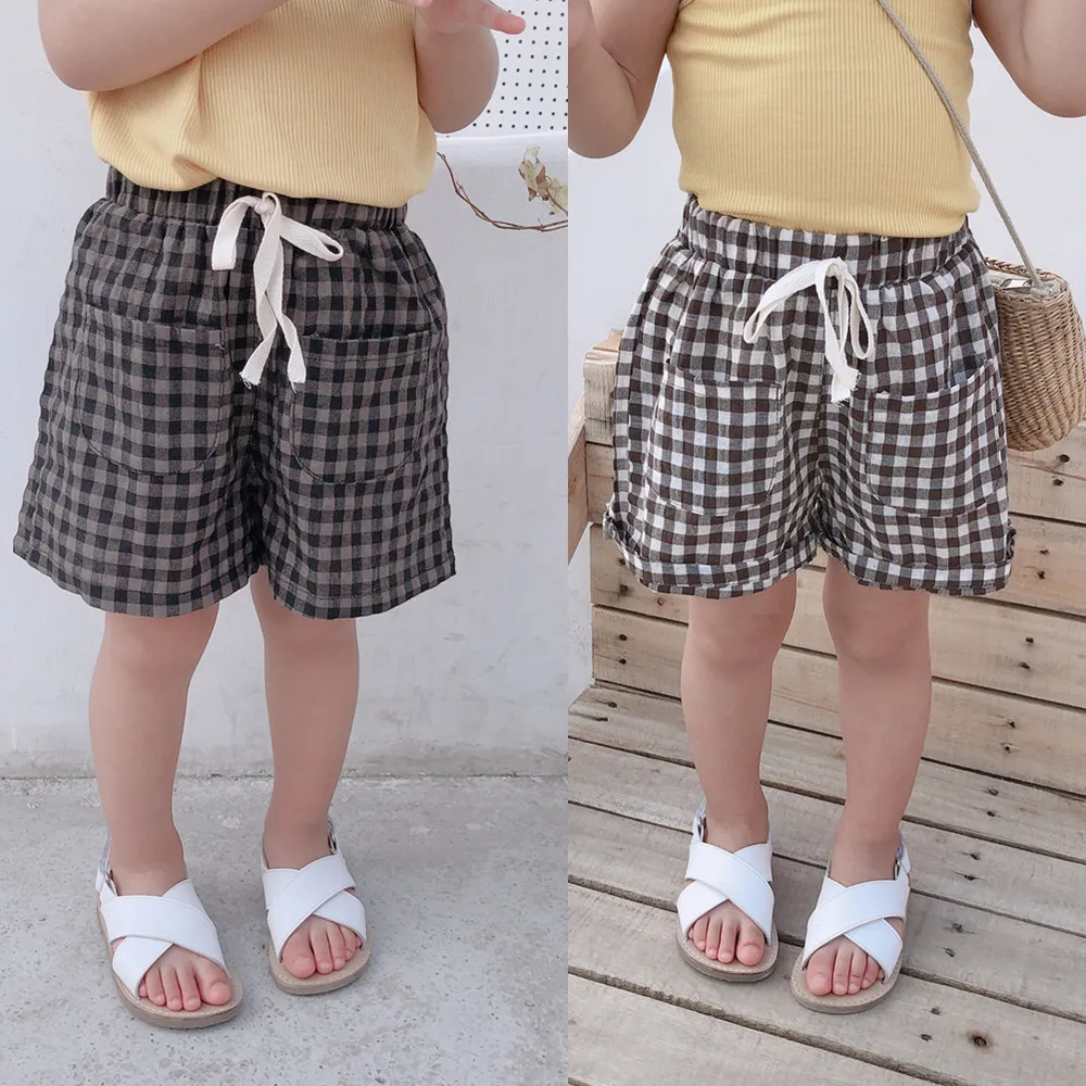 

2019 Summer New Style Childrenswear Korean-style Men And Women tb bao with Drawstring Plaid Shorts Children's Jeans