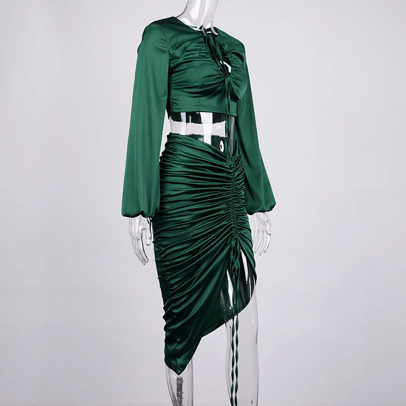 NewAsia Two Piece Skirt Set Lantern Sleeve V Neck Crop Top Ruched Midi Skirt Elastic Sexy Party Outfits For Women Matching Sets