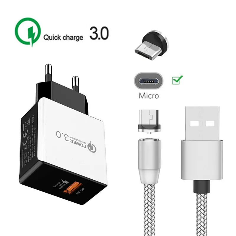 QC 3,0 быстрое зарядное устройство адаптер Магнитный Micro USB кабель для samsung J4 J5 J7 A10 huawei Y5 Y6 Y7 Prime P смартфон Android