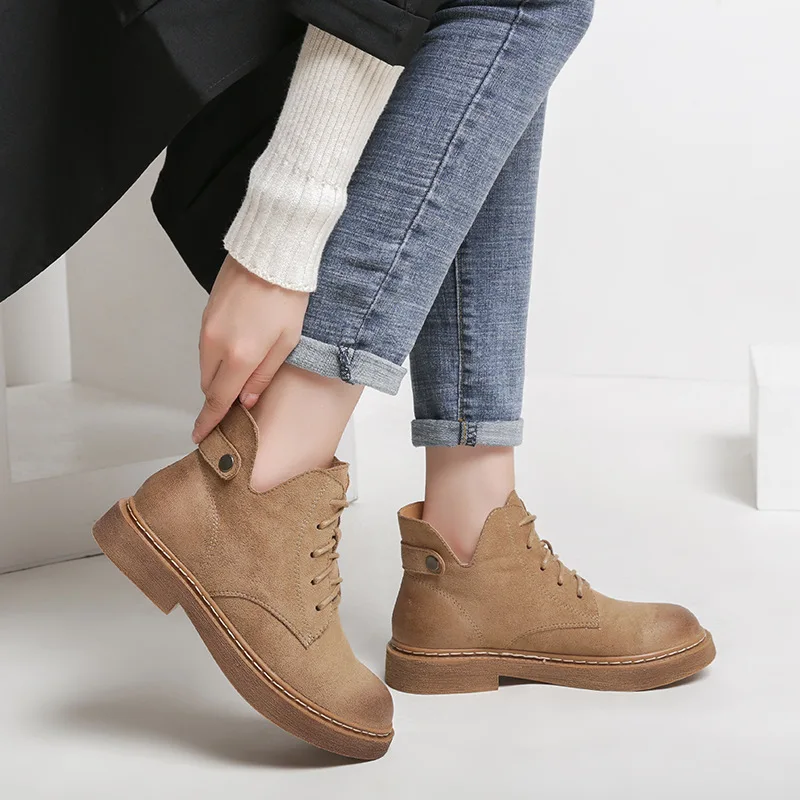 

Round Toe Autumn Boots Booties Ladies Women's Low Shoes Lace Up Bootee Woman 2019 Flat Heel Ankle Rock Lolita Winter Rubber