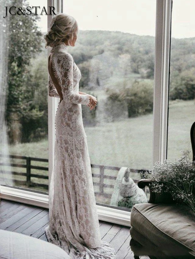 Vestido de noiva, boho, новинка, Русалка, вырез, длинный рукав, открытая спина, цвета слоновой кости, сексуальные, Русалка, Boho, свадебные платья, шлейф, свадебные платья