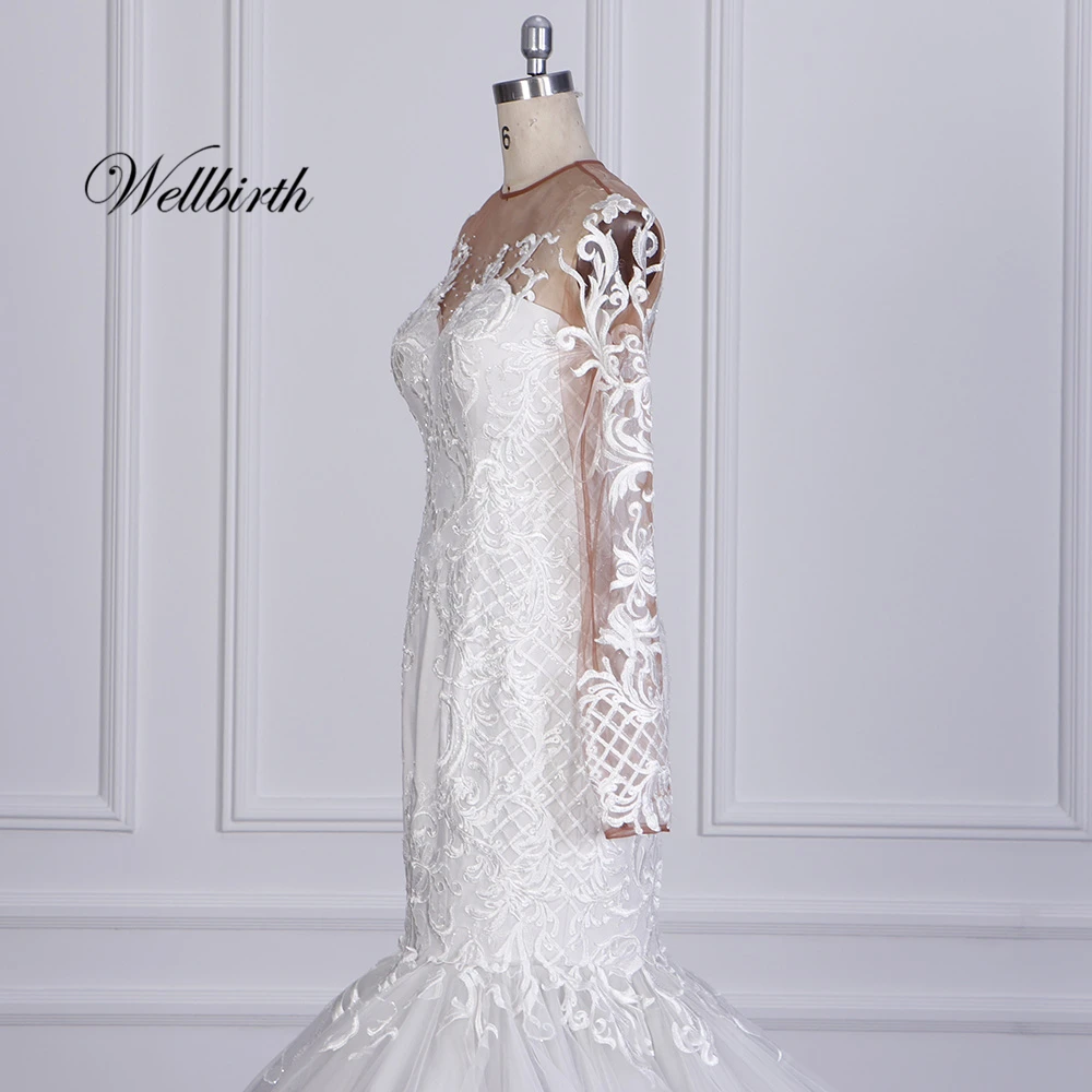 Реальное изображение Wellbirth Vestido de novia Тюль бисера Русалка свадебное платье полный рукав возлюбленной шеи свадебное платье 3021