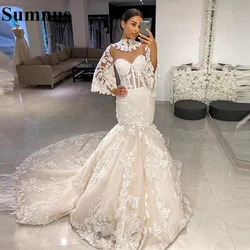 Sumnus Mermaid Lace Wedding Dresses Luxury High Neck Long Puff Sleeves Lace-up Back Plus Size Bridal Gowns