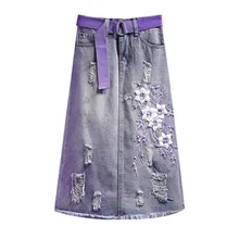 Цветочная вышивка Высокая талия и бедра пакет джинсовая юбка Женская Осенняя джинсовая юбка плюс размер повседневная модная noveltyAS1164