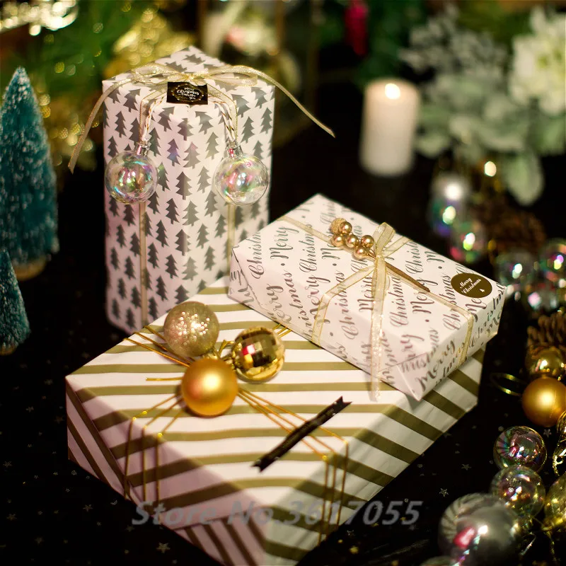

10pcs Gold Print Christmas Gift Wrapping Papers Gold Strip Point Merry Christmas Xmas Tree Print Craft Papers