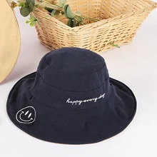 Новая женская летняя пляжная Рыбацкая шляпа с широкими полями, Женская Модная хлопковая шляпа со смайликом и буквенным принтом