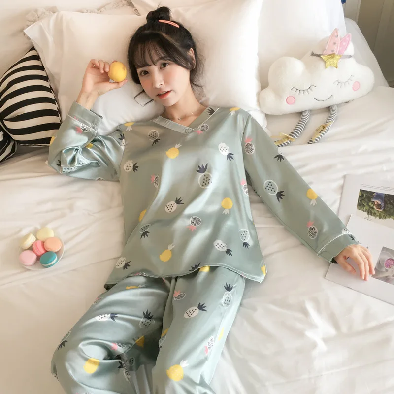 

Pajamas Women's Spring And Autumn Viscose Long Sleeve Korean-style Students Cute Candy Pineapple Two-Piece Set Silk Home Wear