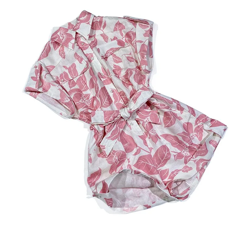 

Linen Jumpsuit For Woman 2020 Summer New Fashion Blogger Style Pink Leaf Print Short Sleeve Elegant Casual Rompers