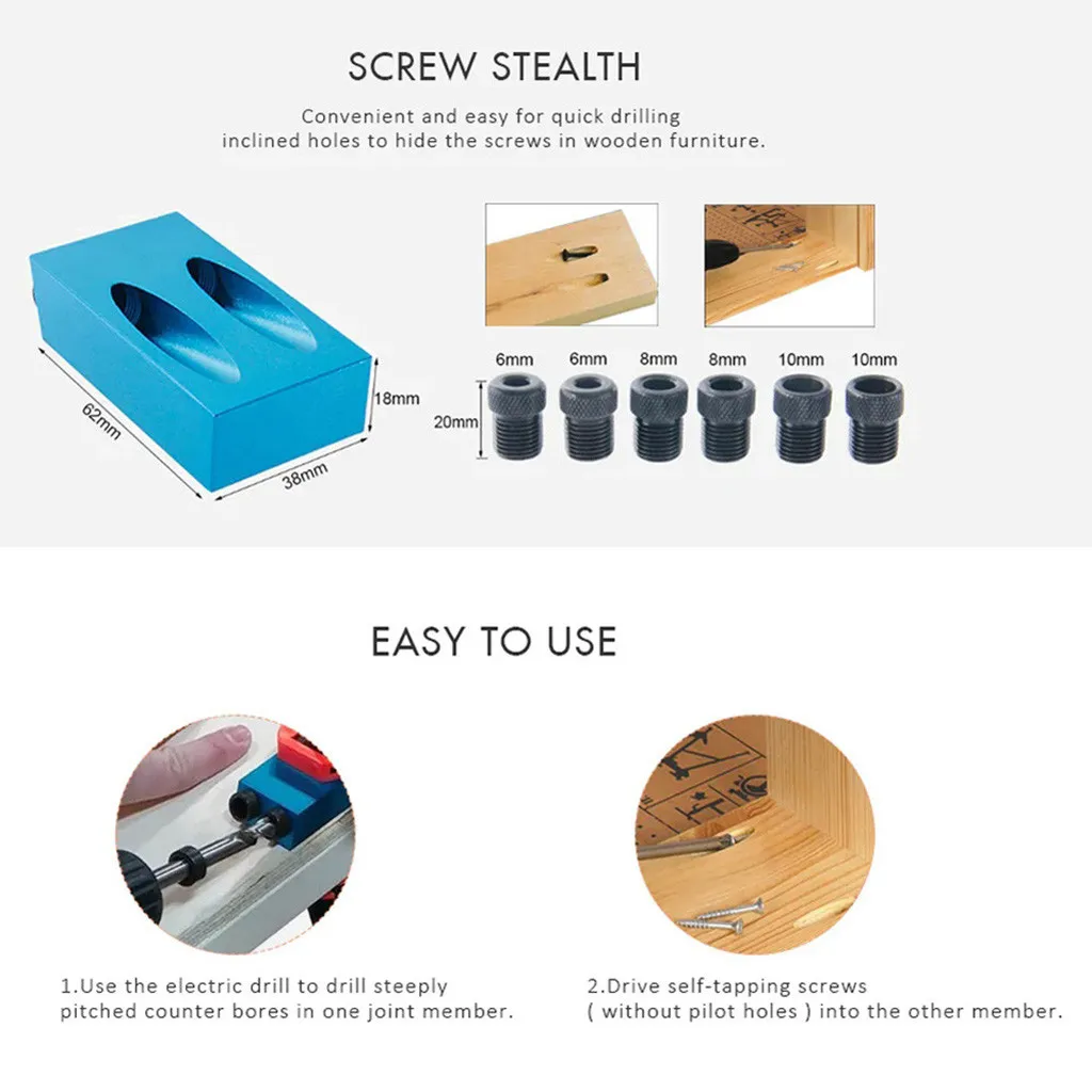 Pocket Hole Kit With Magnetic 6/8/10mm 15 Angle Adapter Drill Guide Woodworking Tool Set Herramientas Ferramentas Workpro
