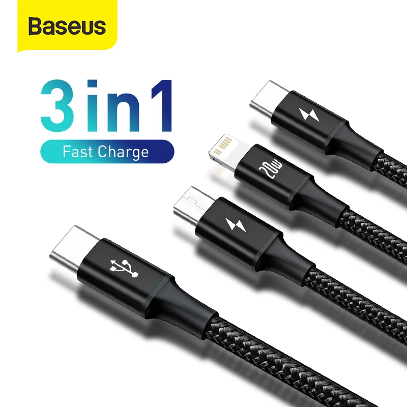 

Baseus 20 Вт PD 3 в 1 USB Type C кабель для iPhone 12 11 Xs Max зарядное устройство кабель для MacBook iPad Pro Samsung Xiaomi Micro USB кабель