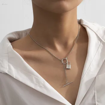 

AOMU 2020 Fashion Simple OT Buckle Necklace Metal Gold Silver Color Lock Pendant Necklace for Women Party Jewelry