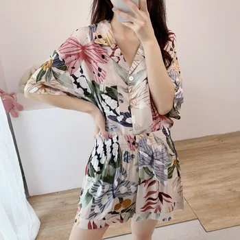 

Summer Print Floral Pajamas Sets Women Cotton 2PCS Sleepwear Turn-down Collar Shirt&Shorts Casual Home Clothes Loose Nightwear