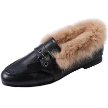 Женская обувь на плоской подошве; меховые ботильоны с плюшем; теплая зимняя обувь; женская повседневная кожаная обувь на плоской подошве с квадратным носком; обувь без застежки; большие размеры