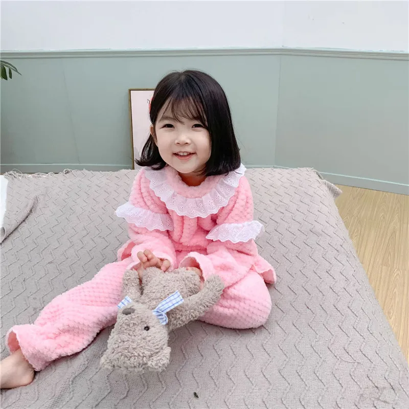 Зимний Детский пижамный комплект, фланелевые детские пижамы с вышивкой «любовь» и «ананас», детская одежда для сна, пижама с длинными рукавами кораллового цвета