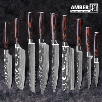 

AMBER 8"inch japanese kitchen knives Laser Damascus pattern chef knife Sharp Santoku Cleaver Slicing Utility Knives tool EDC
