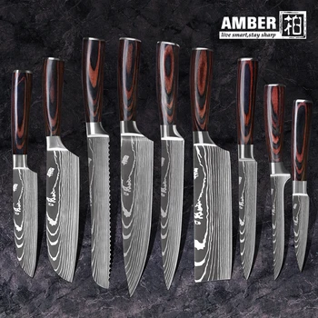 

AMBER High quality 8"inch Utility Chef Knives laser Damascus steel Santoku kitchen Knives Sharp Cleaver Slicing Gift Knife