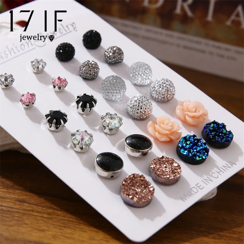 17IF 12 пар ассорти кристаллов друзы камень смола Камень круглые серьги-гвоздики набор для женщин