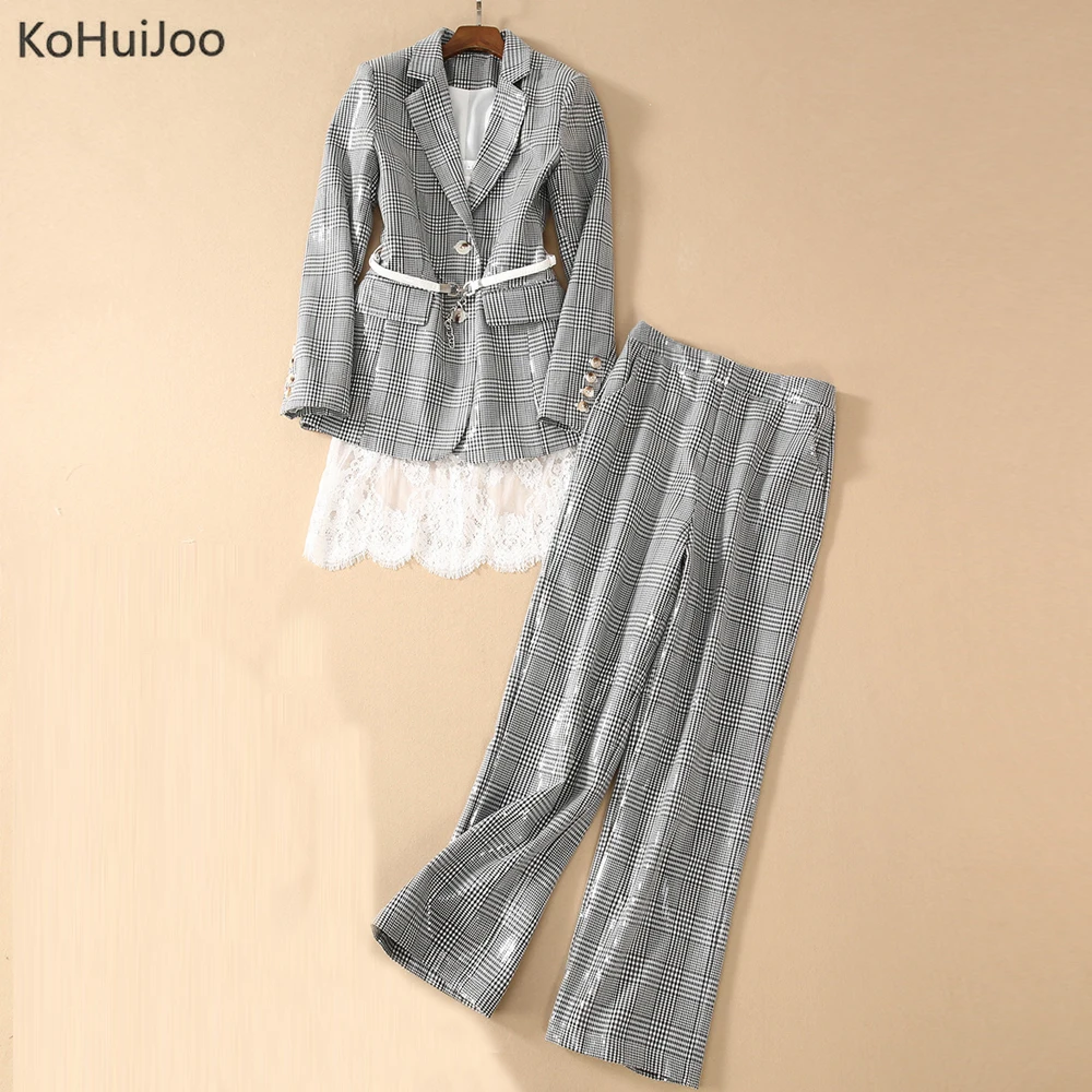 Женский костюм двойка KoHuiJoo элегантный клетчатый блейзер + кружевной топ широкие