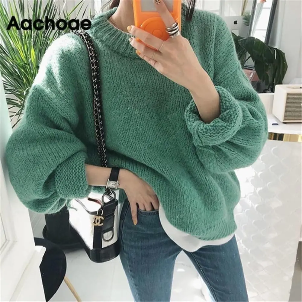 Aachoae Sweater Women 2021 Autumn Winter Solid O Neck Pullover Sweaters Korean Style Knitted Long Sleeve Jumpers Casual Tops | Женская