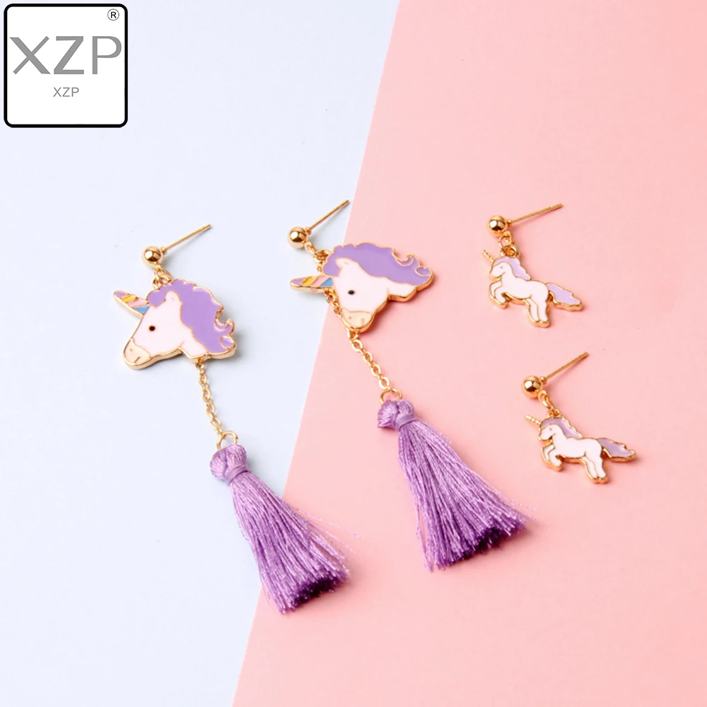

XZP Miage Cute Sweet Cartoon Enamel Unicorn Horse Tassel Pendant Long Drop Earrings Women Fashion Candy Jewelry Accessories