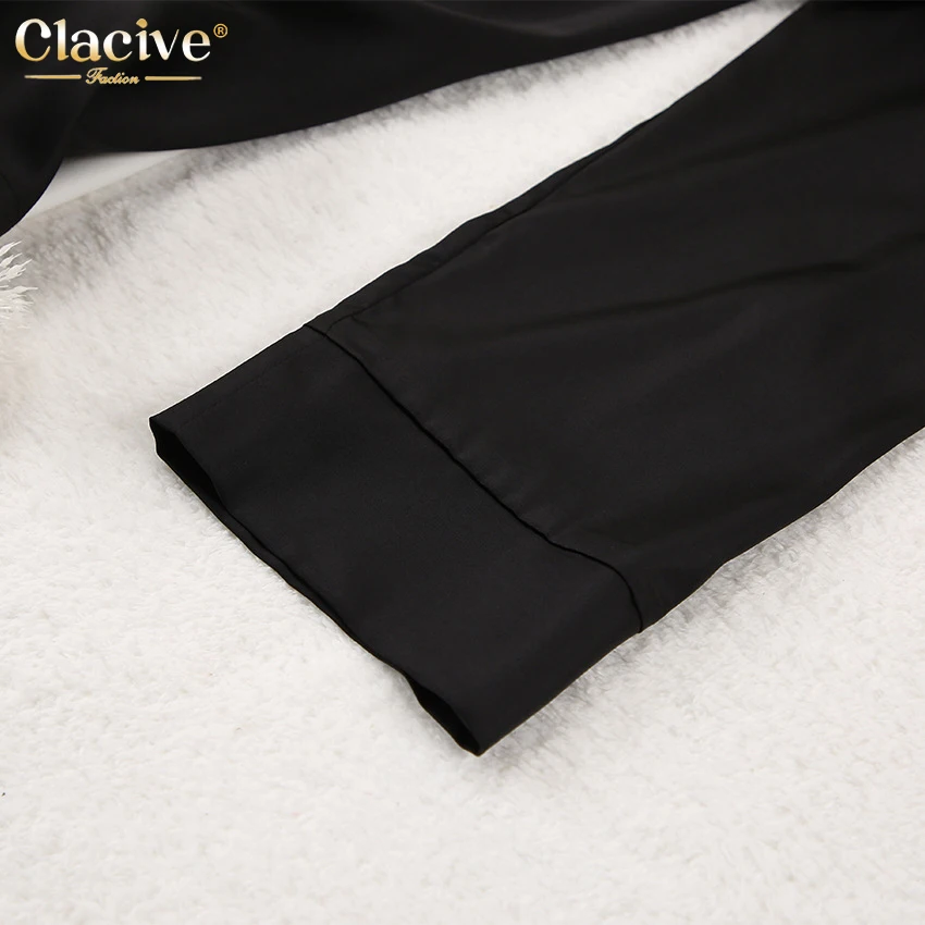 Clacive Causal Loose Home Suit Autumn Long Sleeve Shirts With High Wasit Pants Set Women Elegant Black Satin 2 Piece Pants Sets plus size jogging suits