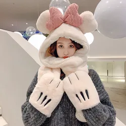 Winter Women's Warmth Furry Hat Scarf Gloves One-Piece Set Cute Sweet Cartoon Style Lolita Hottie Fashion Personality Hat