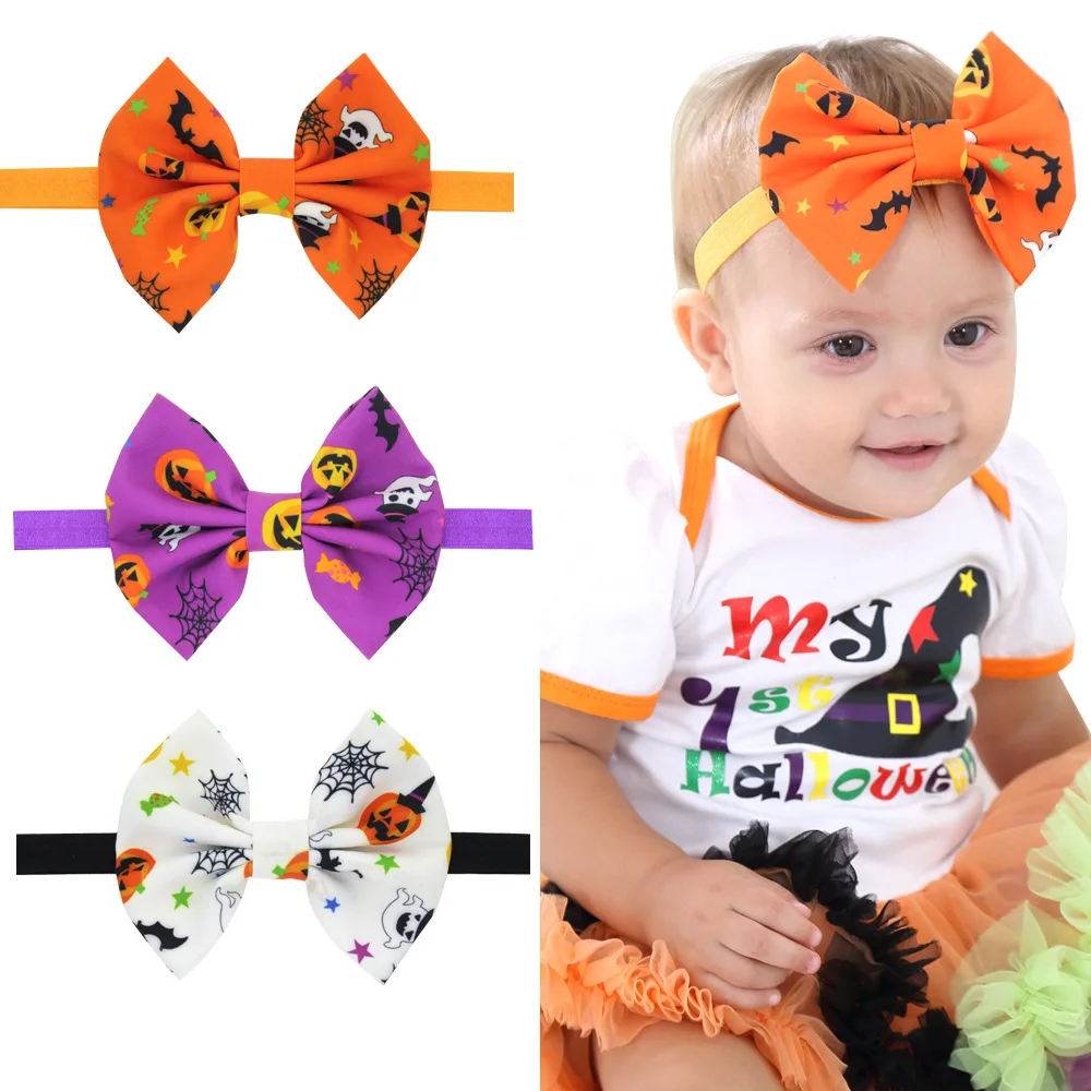 

2019 Halloween Printed Headband for Baby Girls Handmade Pumpkin Color Bowknot Head Elastic Band Party Kids Headwear
