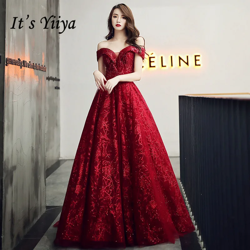 

It's Yiiya Evening Dresses Burgundy Luxury Evening Dress Elegant Shining Formal Gowns 2020 Plus Size Train robe de soiree LF117