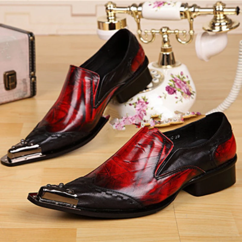 

Christia Bella Fashion British Style Big Size Metal Pointed Toe Man Shoes Party Male Cow Leather Shoes Men's Black and Red Shoes